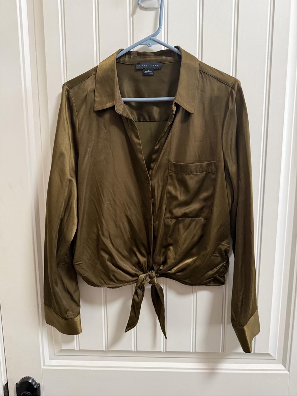 Sanctuary Olive Satin Tie-Front Crop Blouse